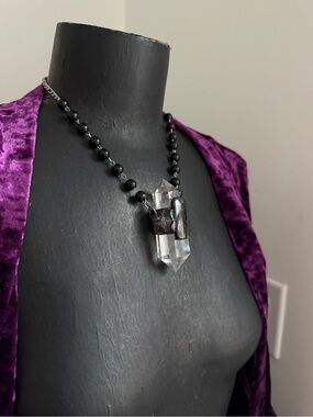 Black Beaded Clear quartz  Crystal Pendant Necklace Hyperstene jewelry witchy